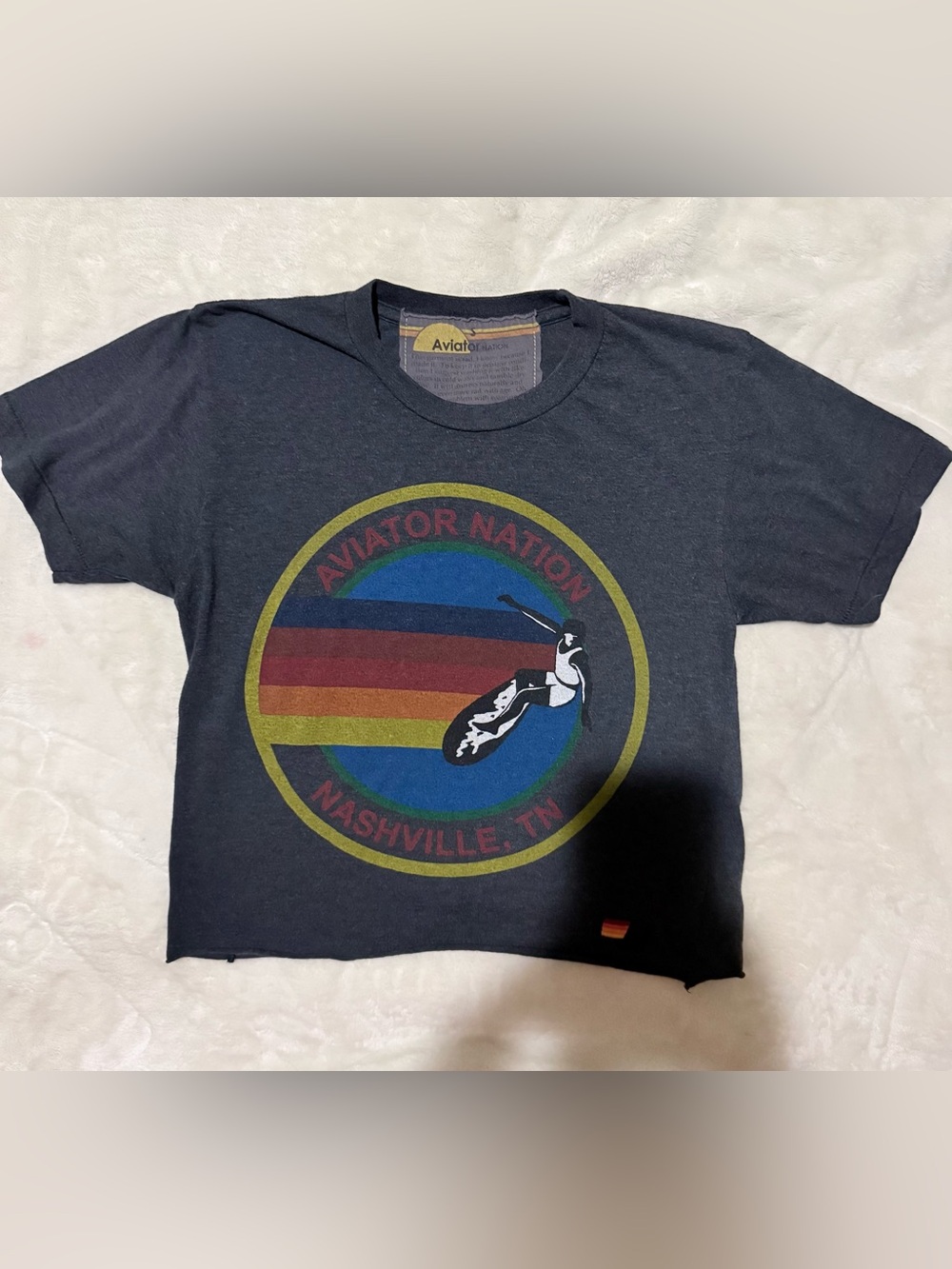 Aviator Nation Tee with Multicolor Retro Stripe Surf Logo